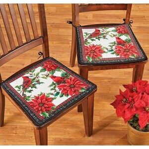 2 CHAIR PADS CUSHIONS,15"x15",CHRISTMAS POINSETTIA FLOWERS & CARDINAL BIRDS#1,CE